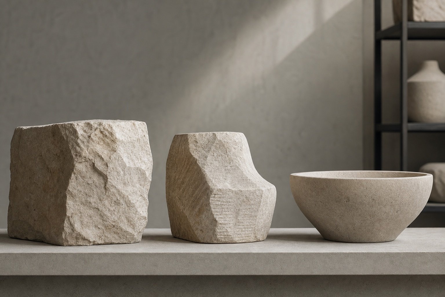 Natural stone shown from raw block through shaped form to finished object