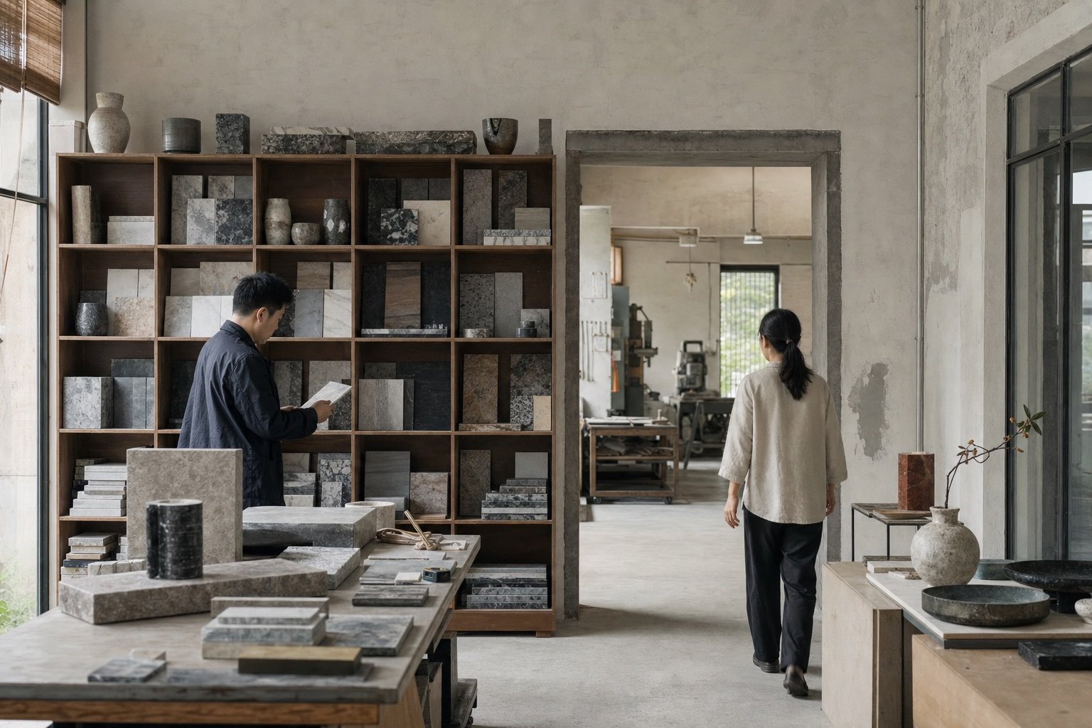 Natural stone product studio connected to a working development space