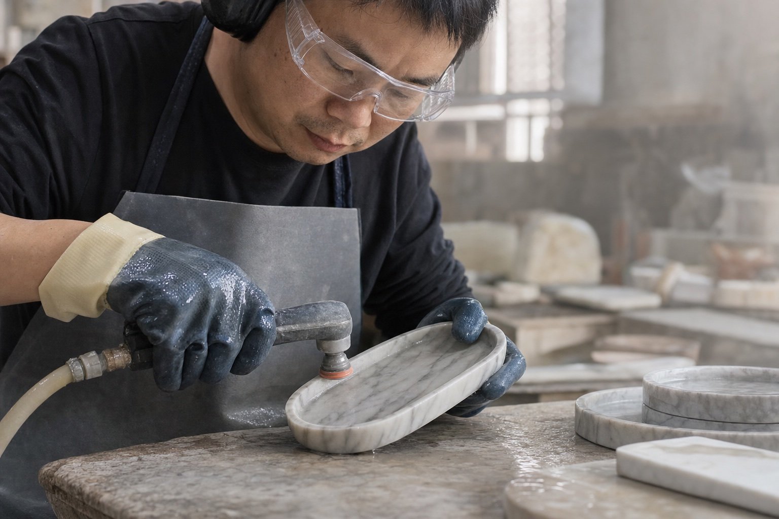 Representative illustration of wet polishing a natural stone object