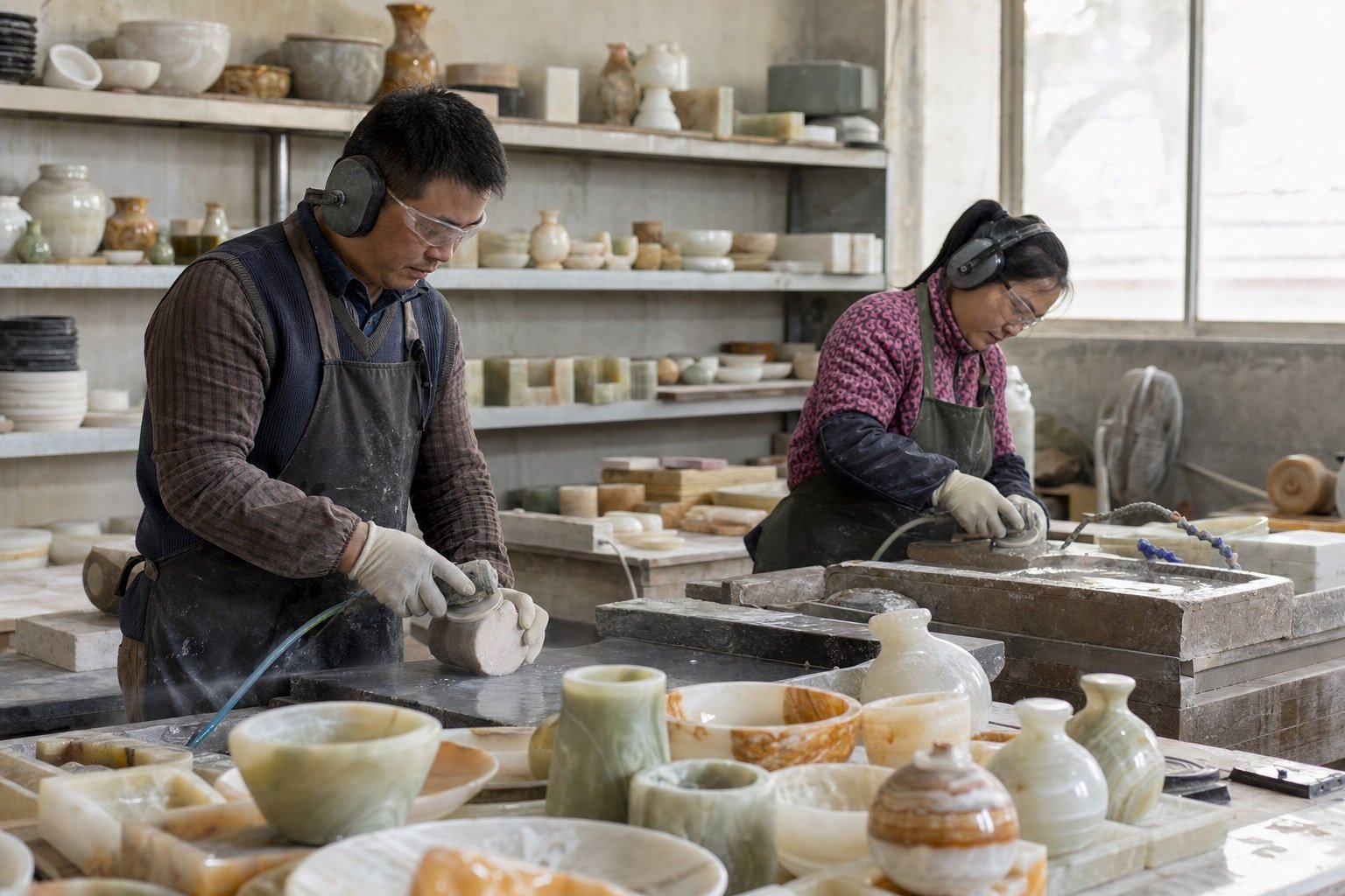 Representative illustration of an organized natural stone workshop