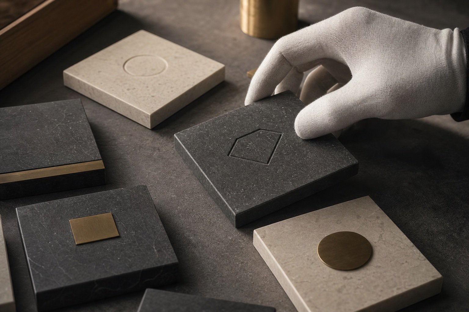 Custom brand detail experiments on natural stone samples