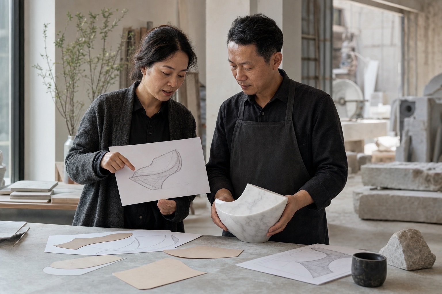 Original natural stone product concept reviewed with a sculptural prototype