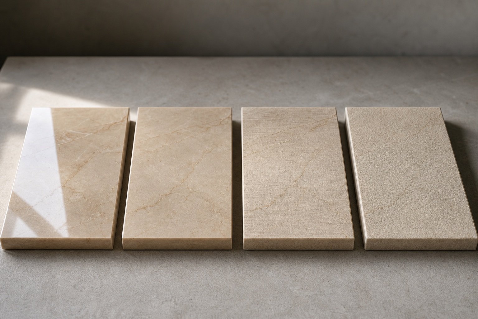 Representative comparison of polished, honed, brushed and sandblasted marble