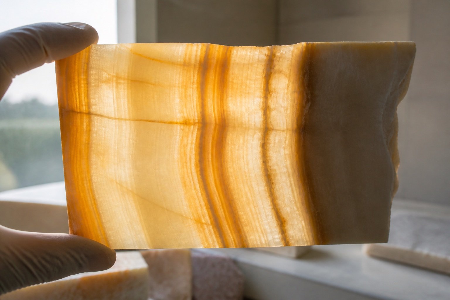 Thin honey onyx sample studied against transmitted daylight