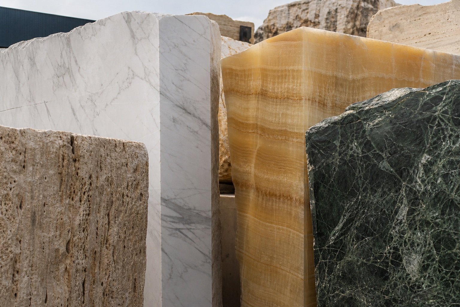 Raw natural stone blocks showing marble, onyx, travertine and green stone character