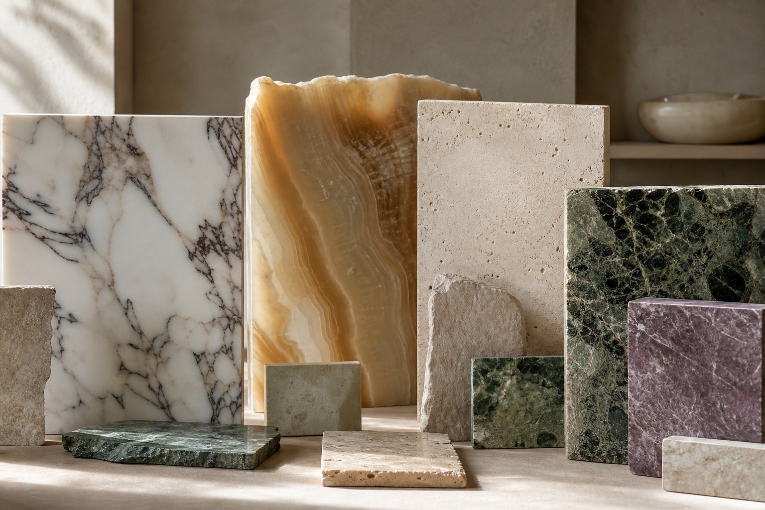 Representative natural stone library with marble, onyx and travertine
