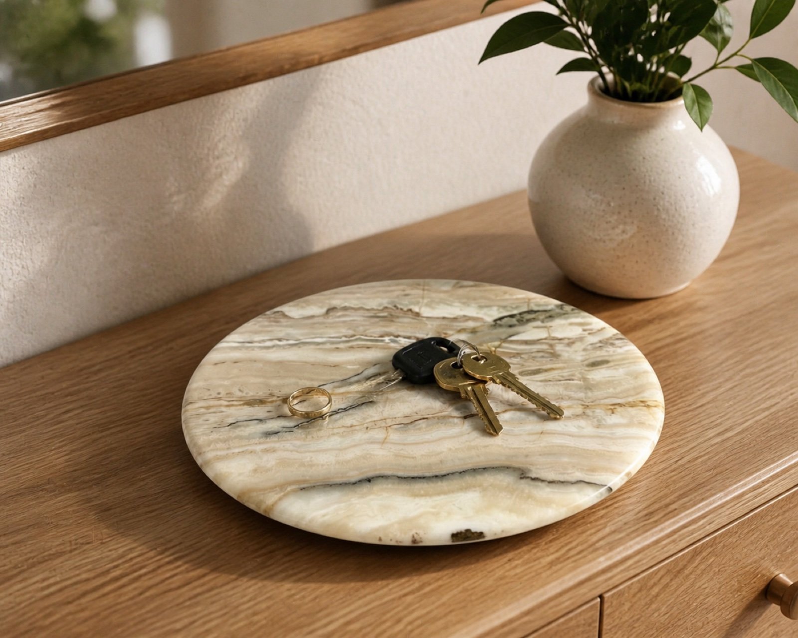 Beige Round Disc in a styled natural stone interior