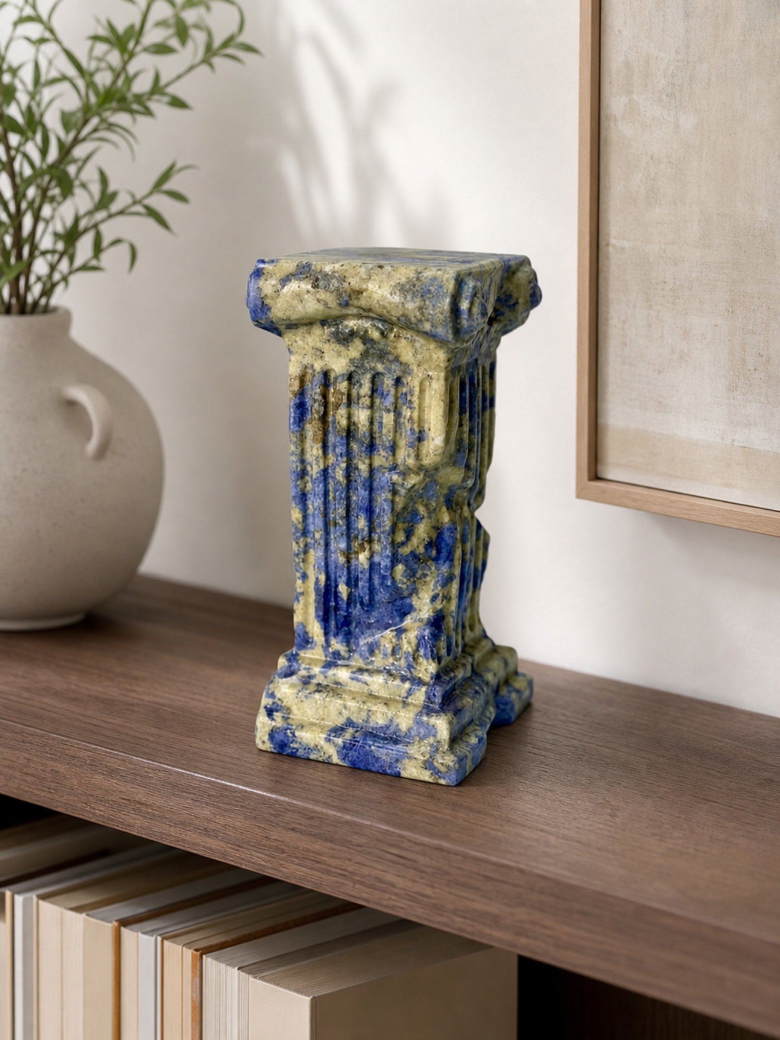 Blue Column Object in a styled natural stone interior