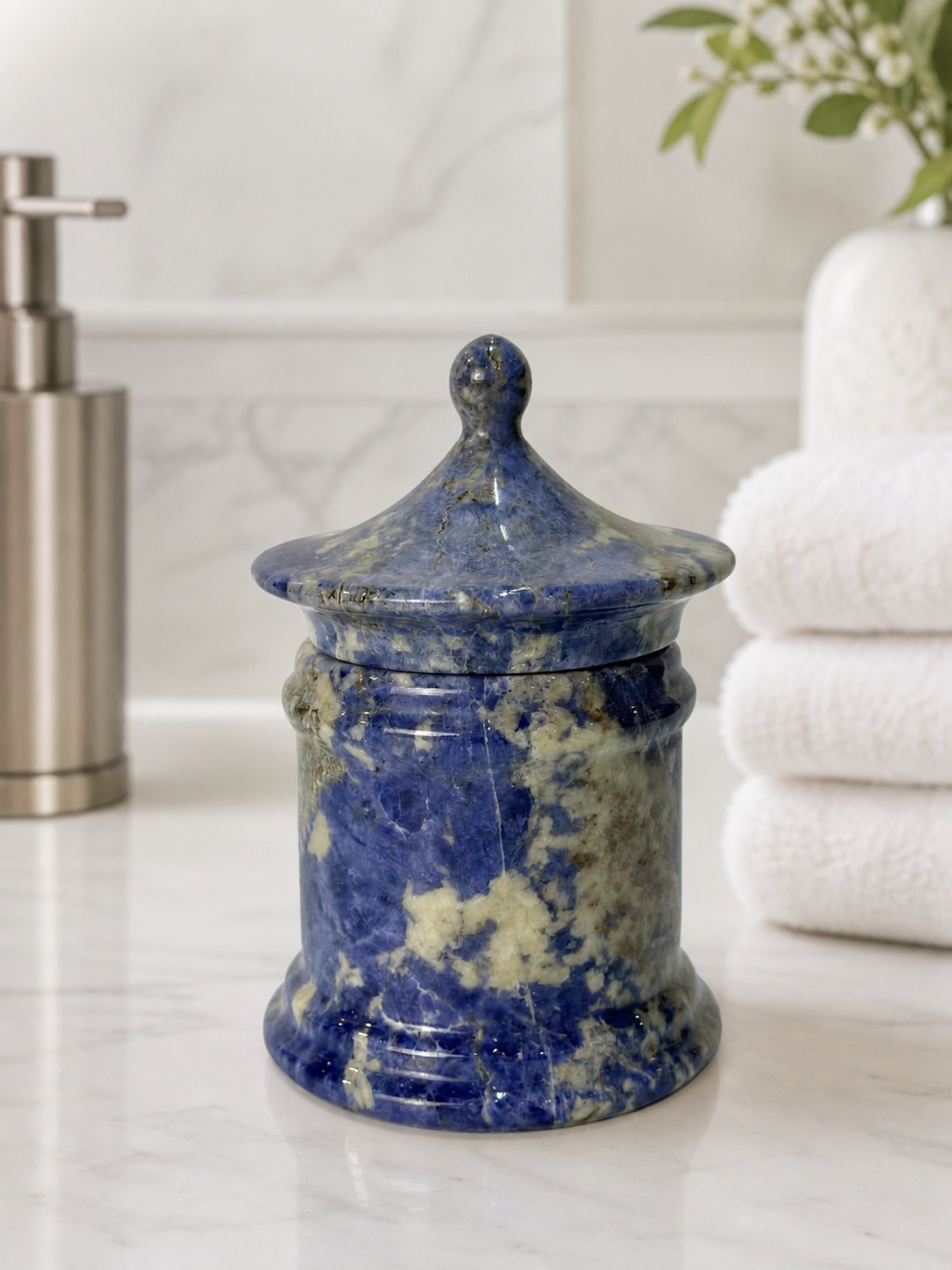 Blue Lidded Jar in a styled natural stone interior
