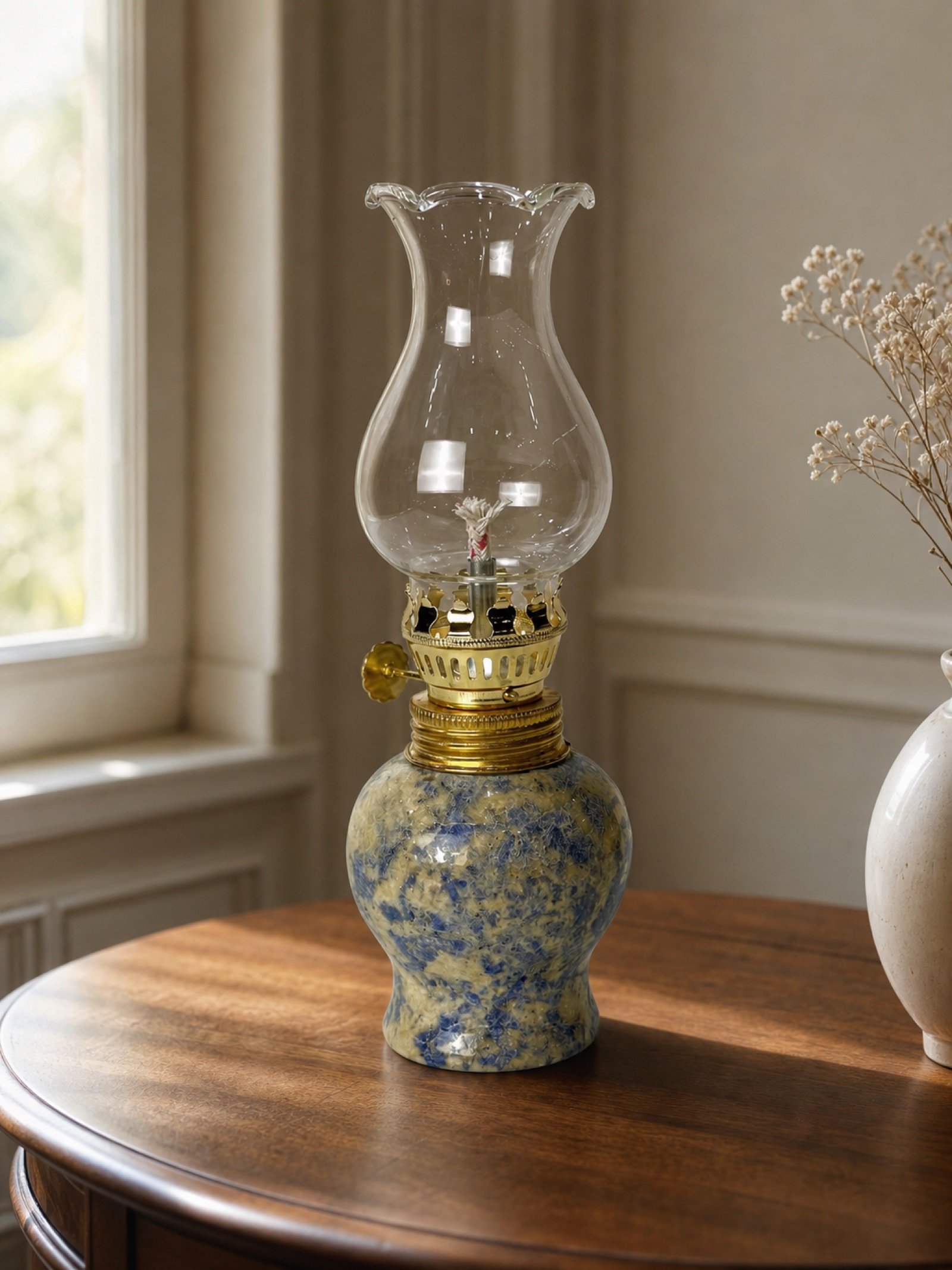 Blue Oil Lamp in a styled natural stone interior
