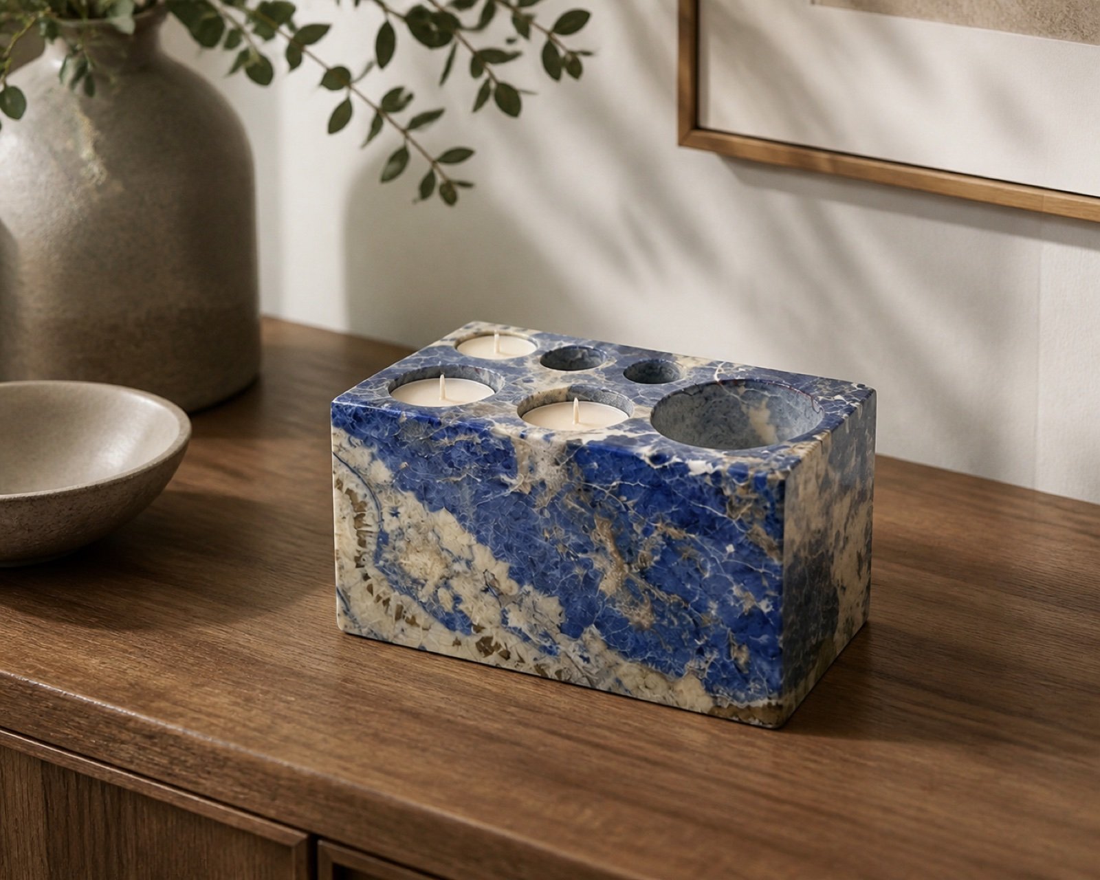 Blue Rectangular Stone Block in a styled natural stone interior