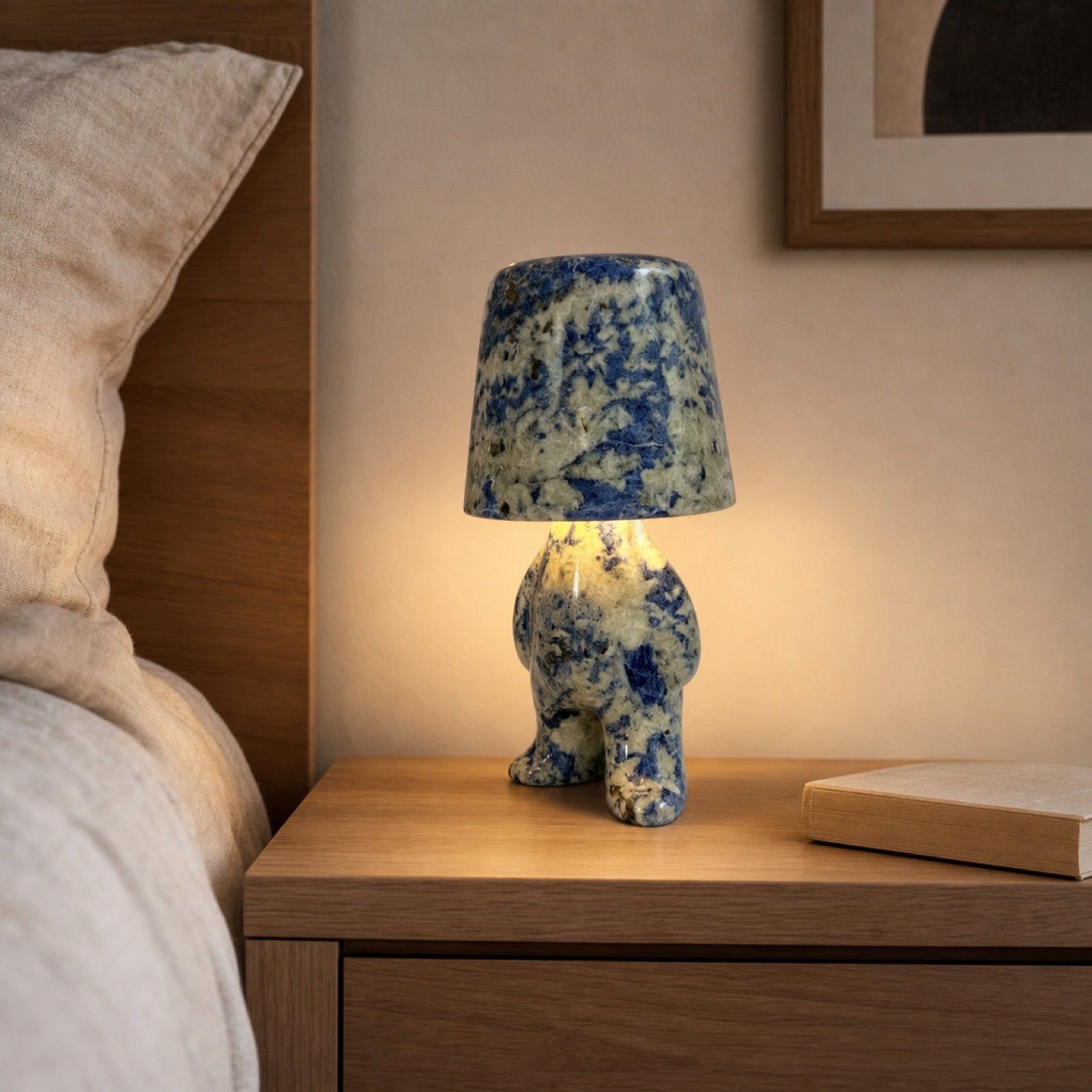 Blue Stone Table Lamp Standing in a styled natural stone interior