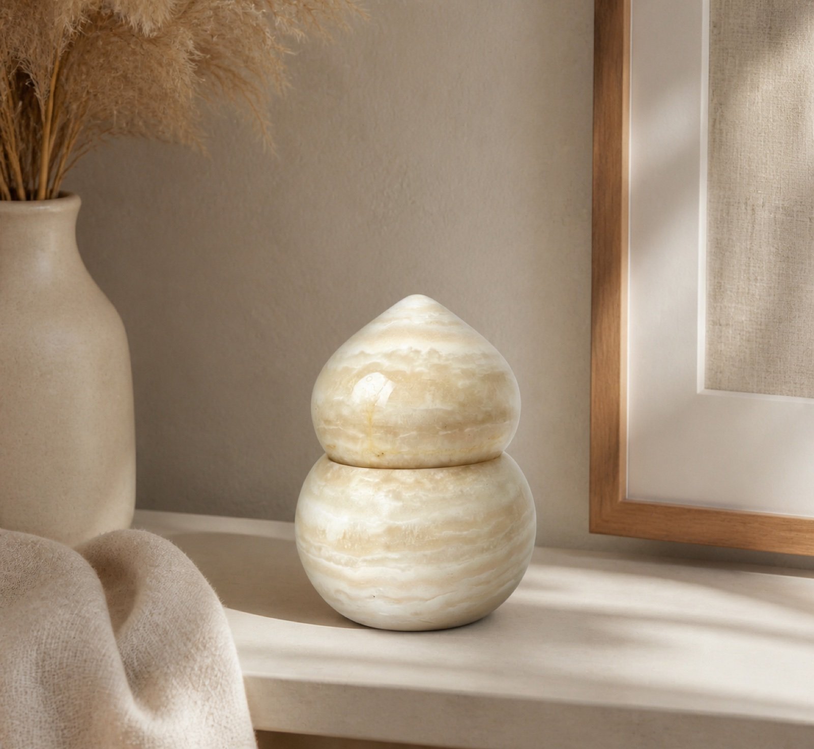 Cream Round Stacked Object in a styled natural stone interior