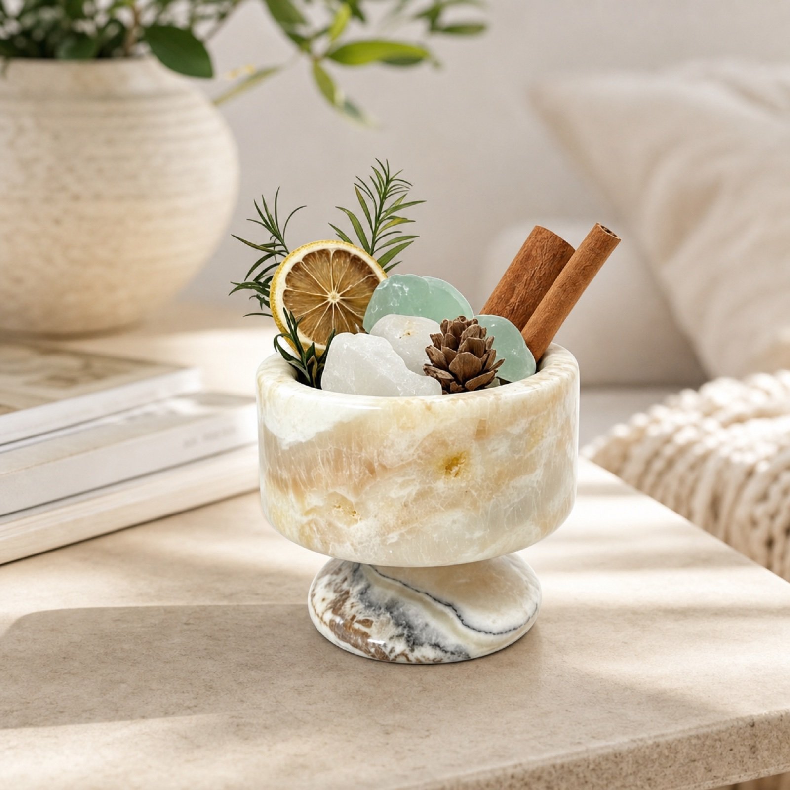 Decor Bowl With Botanicals in a styled natural stone interior