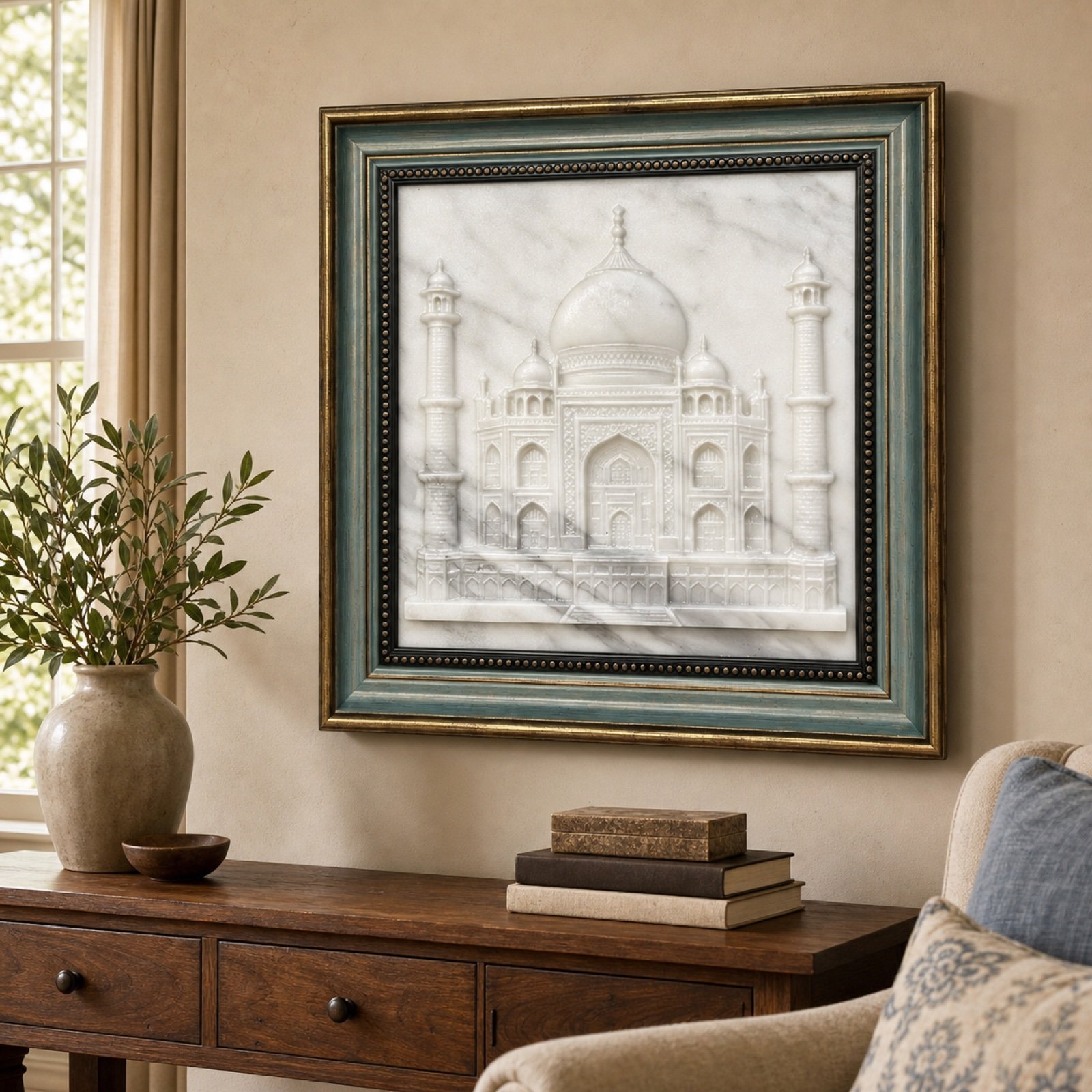 Framed Marble Art White in a styled natural stone interior