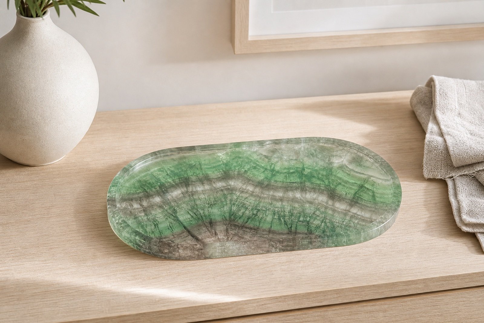 Green Curved Plaque in a styled natural stone interior
