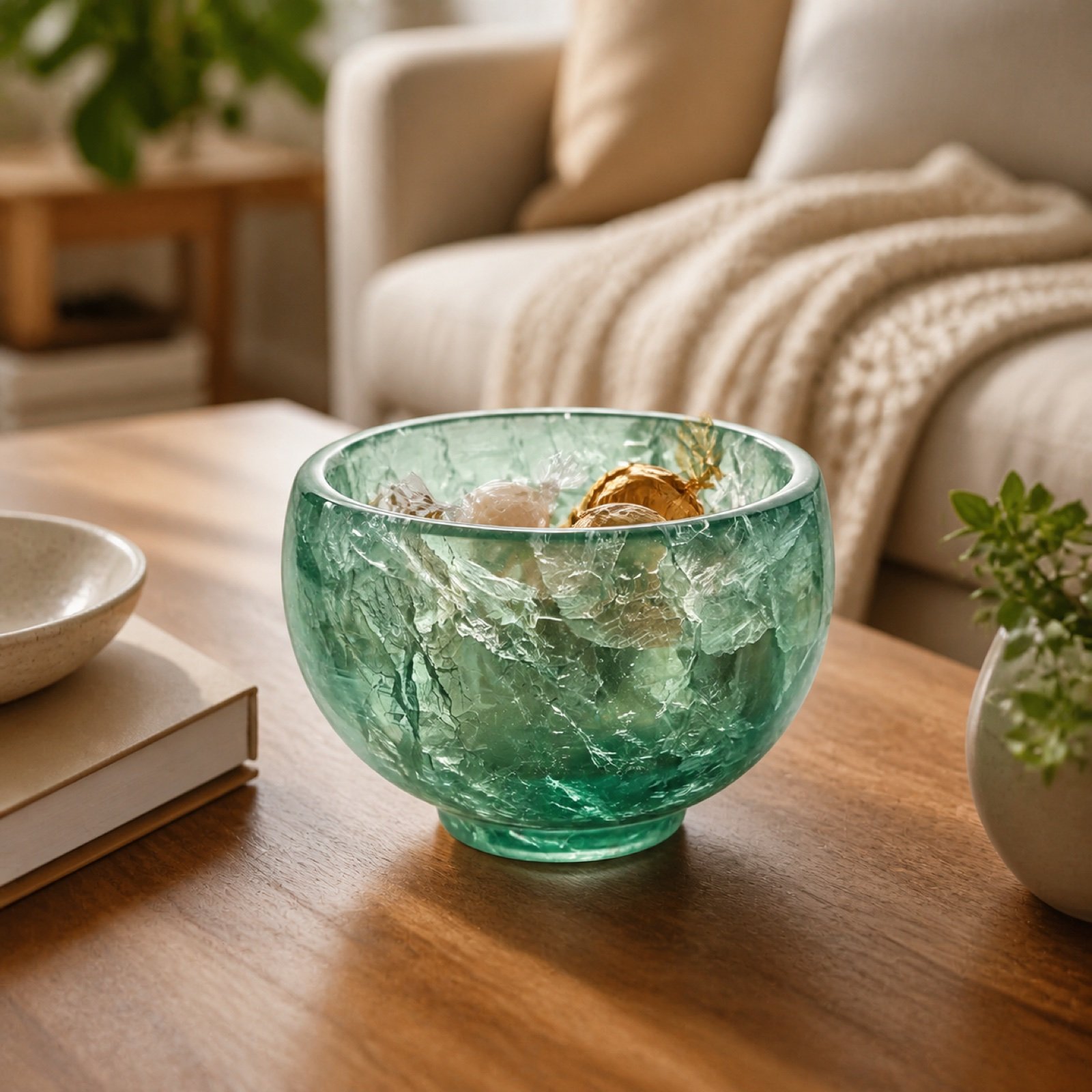Green Glass Stone Bowl in a styled natural stone interior
