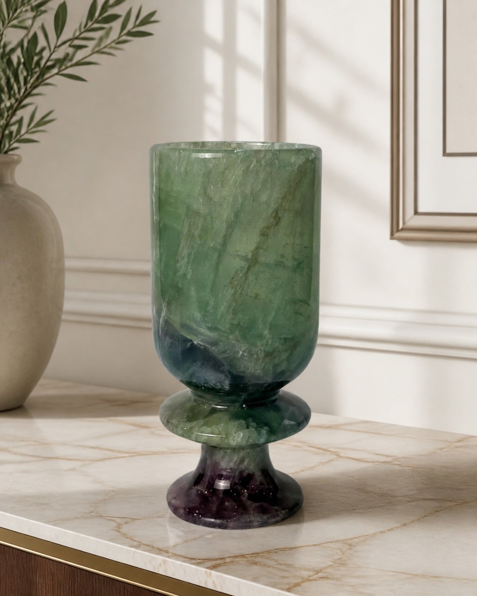 Green Goblet Dark Base in a styled natural stone interior