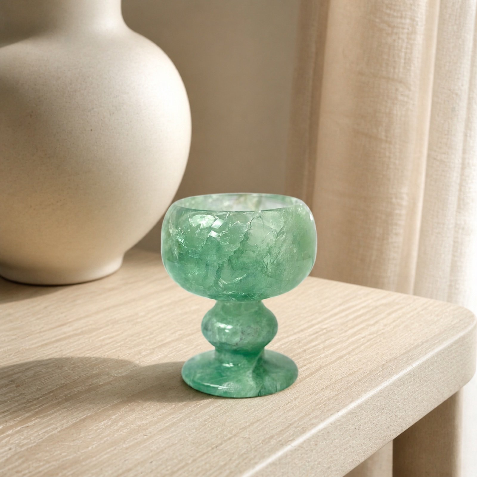 Green Goblet Object in a styled natural stone interior