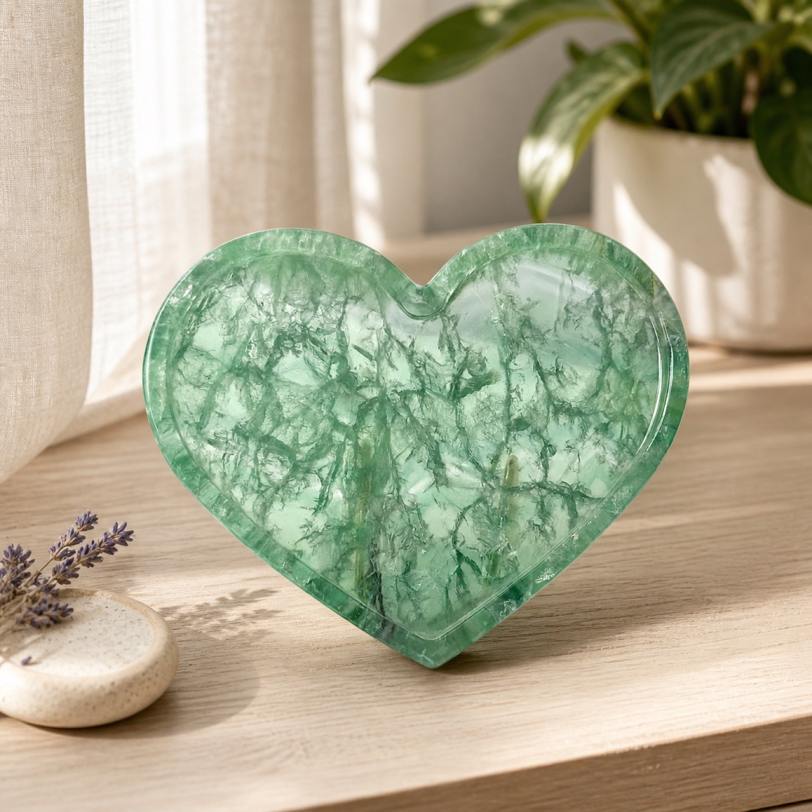 Green Heart Plaque in a styled natural stone interior