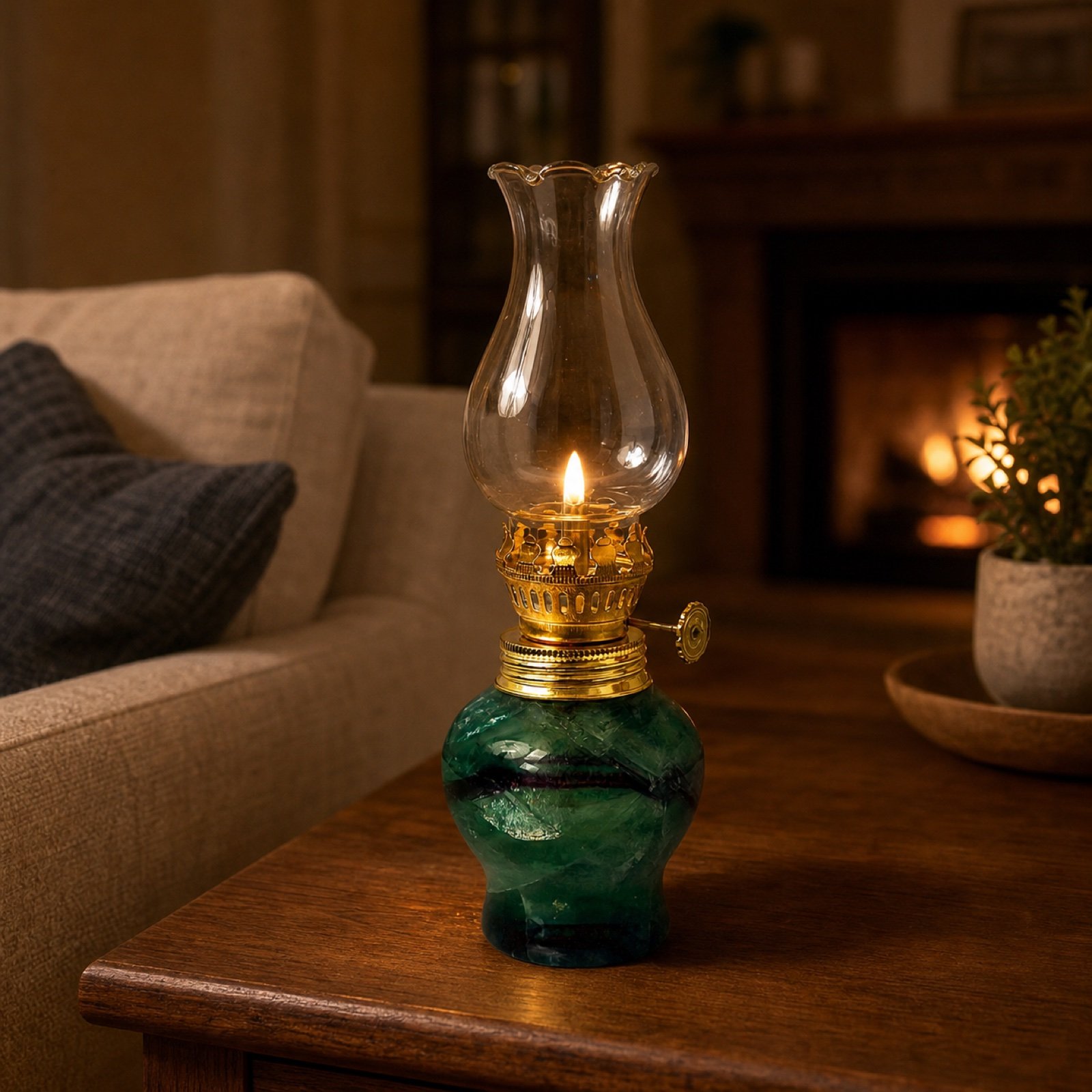 Green Oil Lamp in a styled natural stone interior