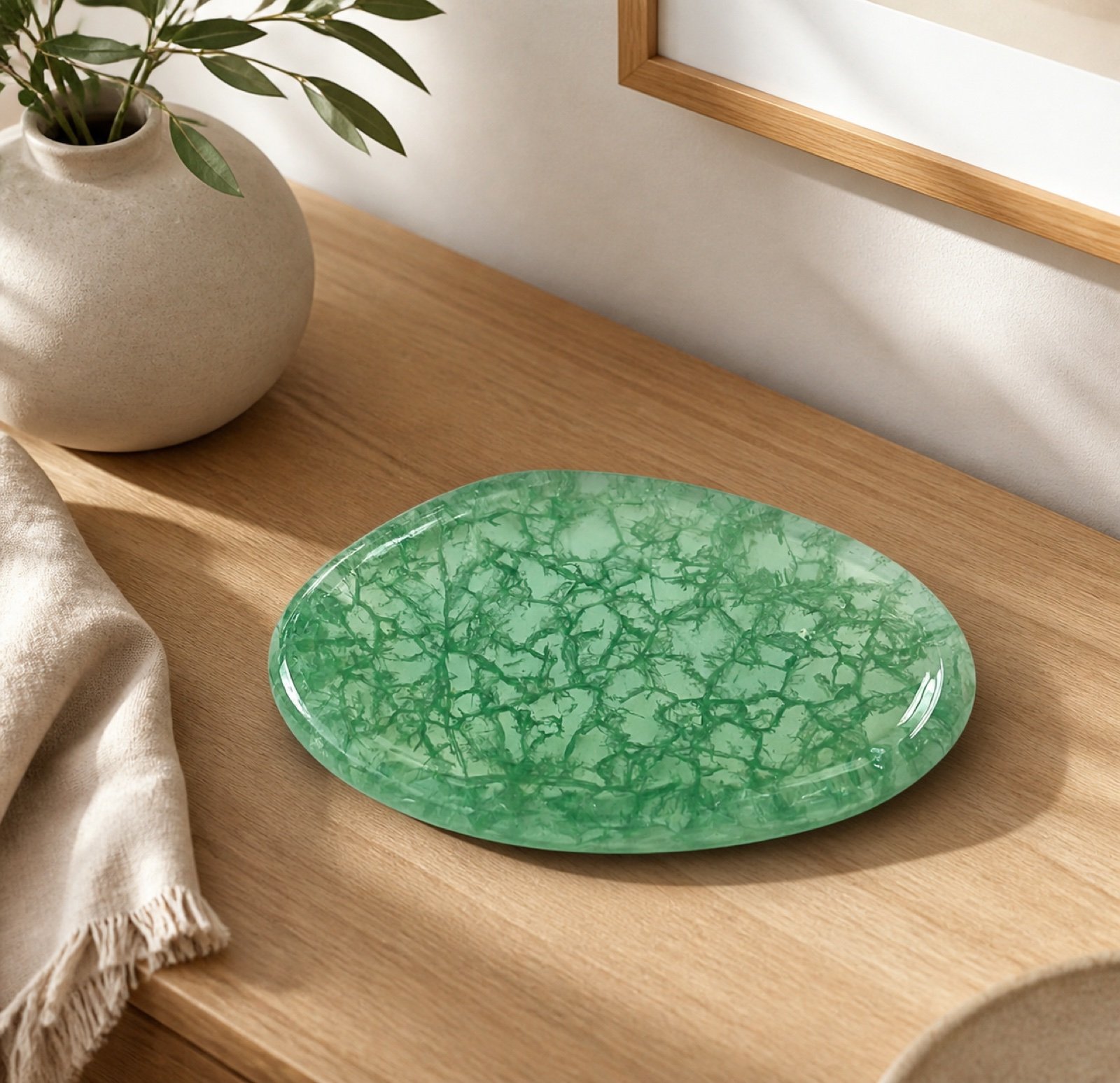 Green Oval Plaque in a styled natural stone interior