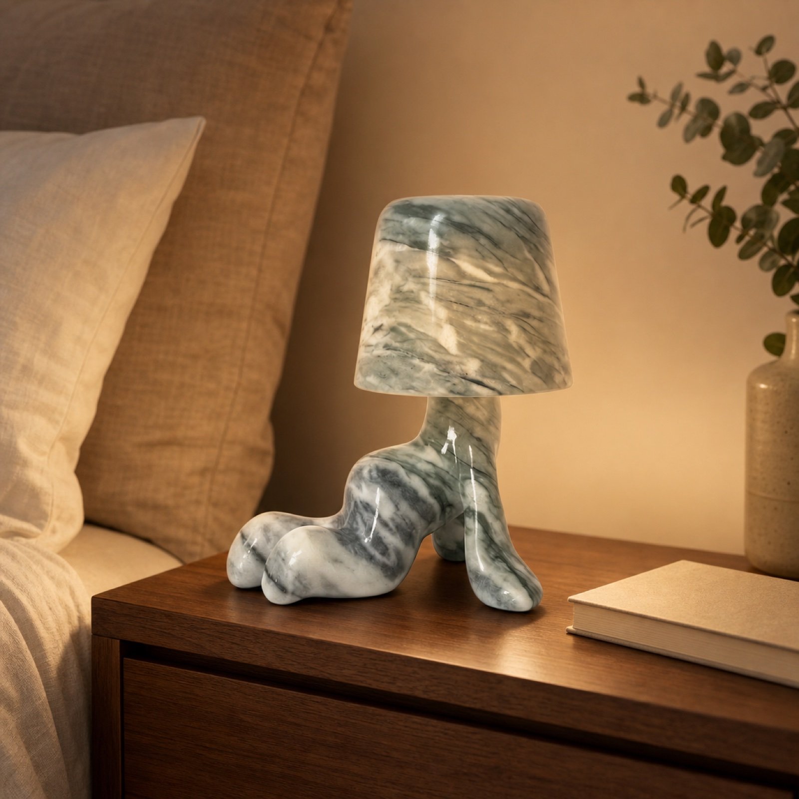 Green Stone Table Lamp Standing in a styled natural stone interior