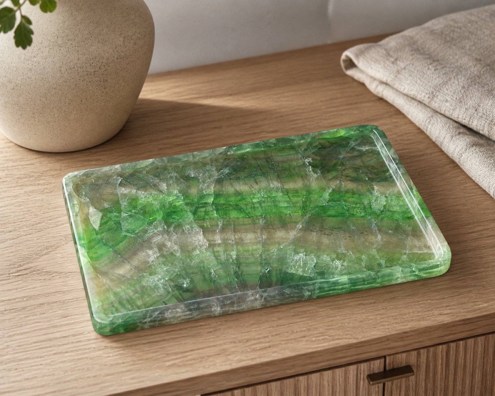 Green Striped Rectangle Plaque in a styled natural stone interior