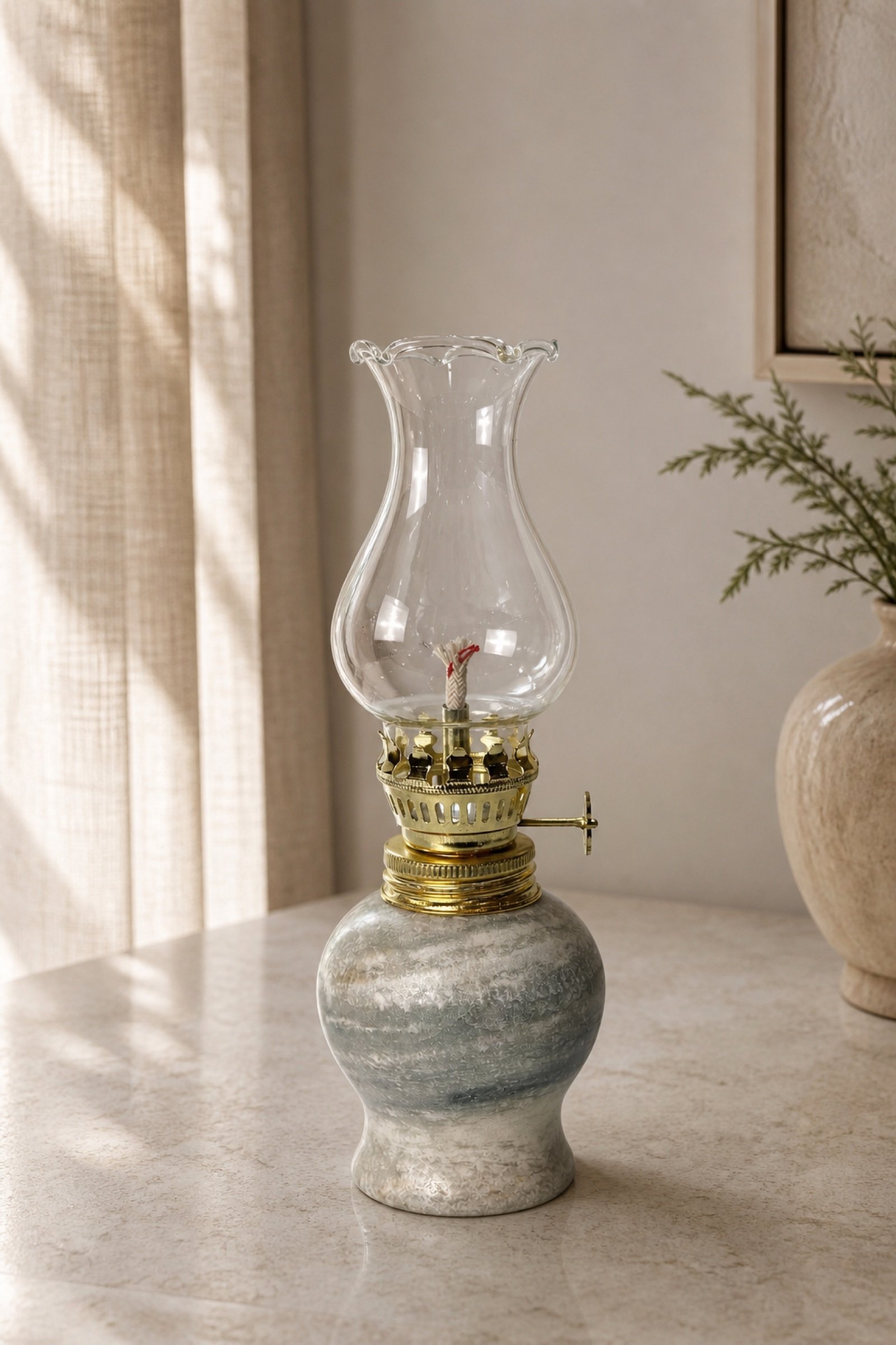Grey Oil Lamp in a styled natural stone interior