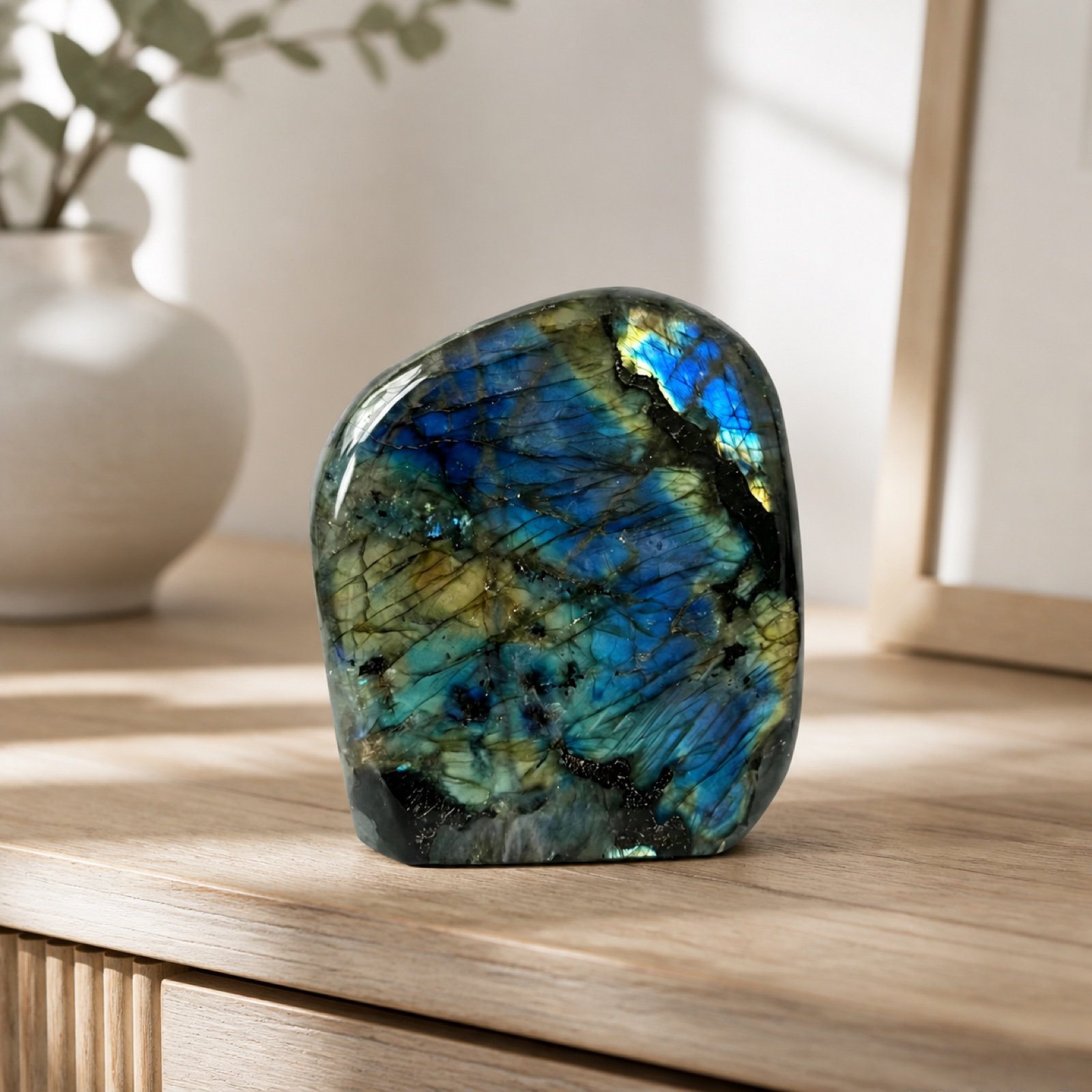 Labradorite Standing Stone in a styled natural stone interior