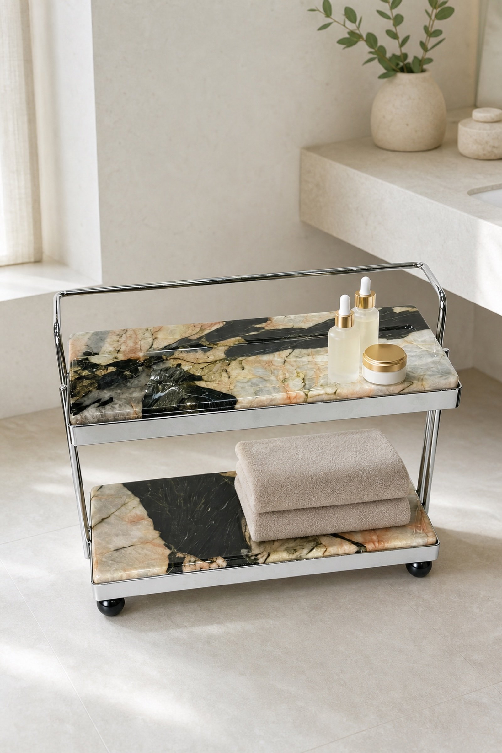 Multicolor Two Tier Shelf in a styled natural stone interior