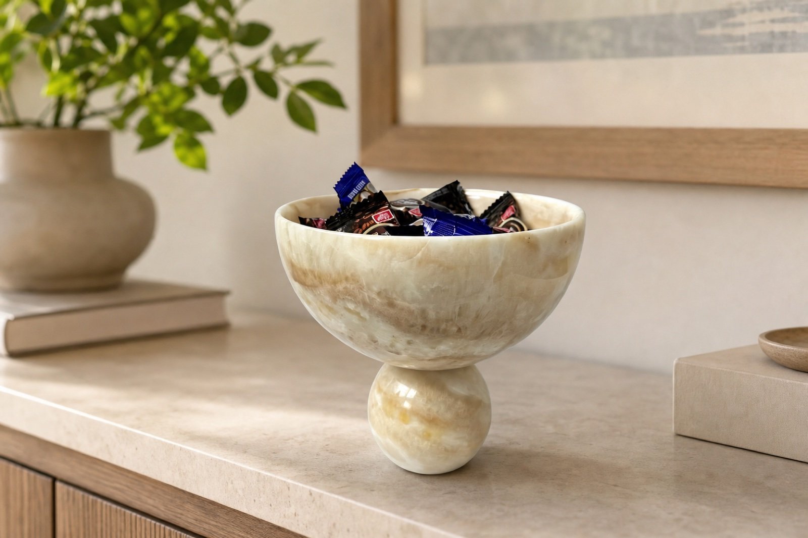 Pedestal Bowl With Stones in a styled natural stone interior