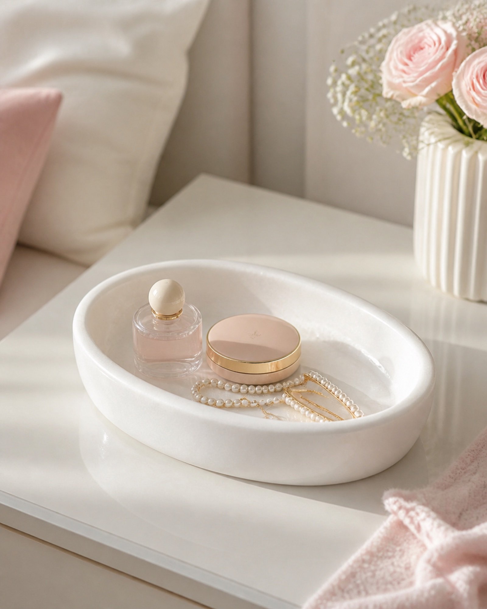 Pink Bunny Tray in a styled natural stone interior