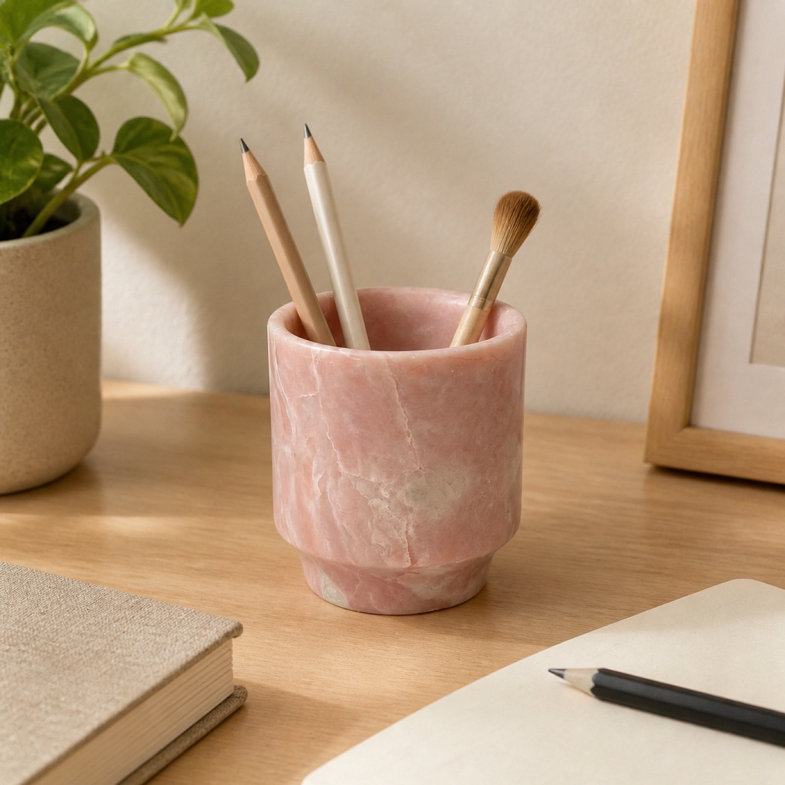 Pink Cup in a styled natural stone interior