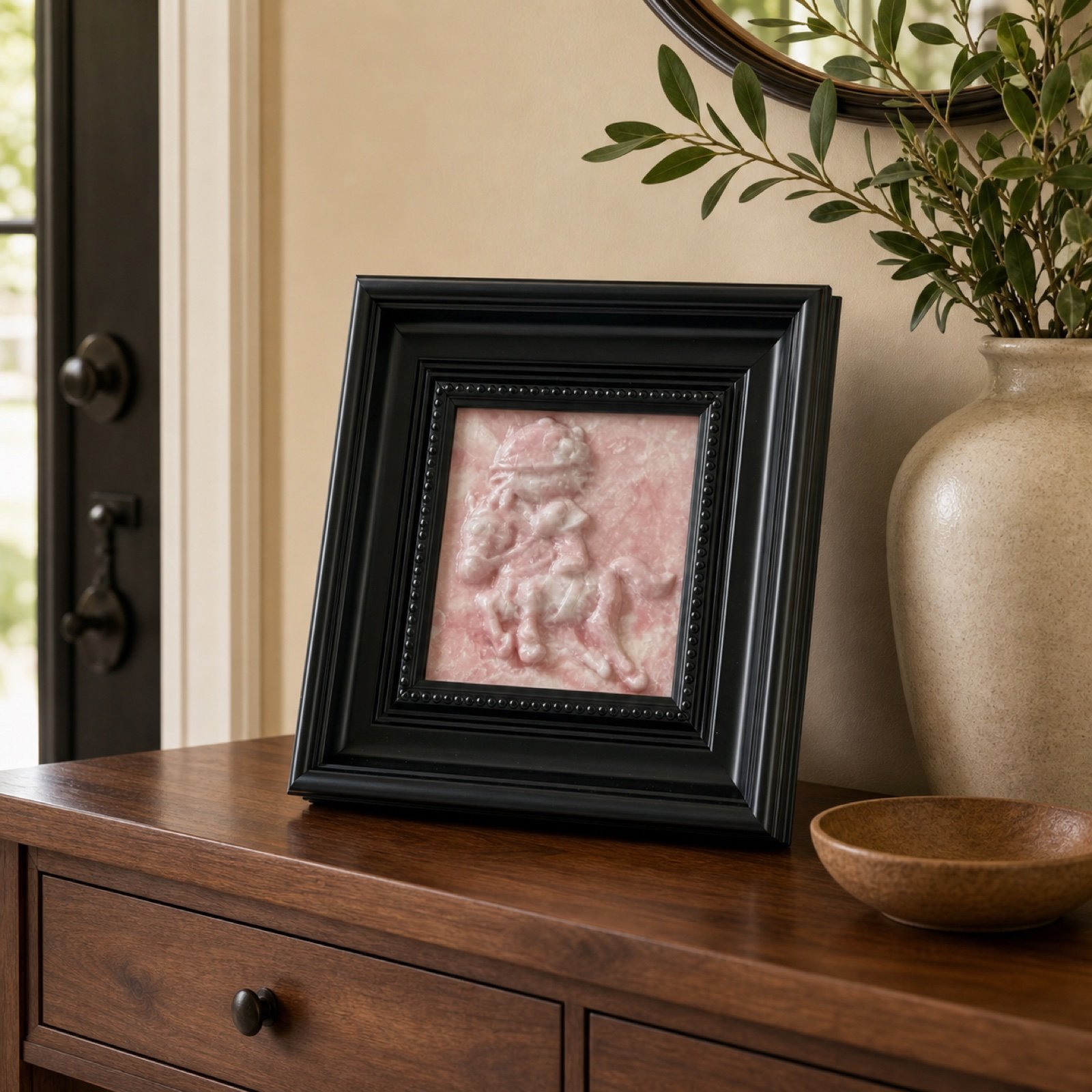Pink Framed Art in a styled natural stone interior
