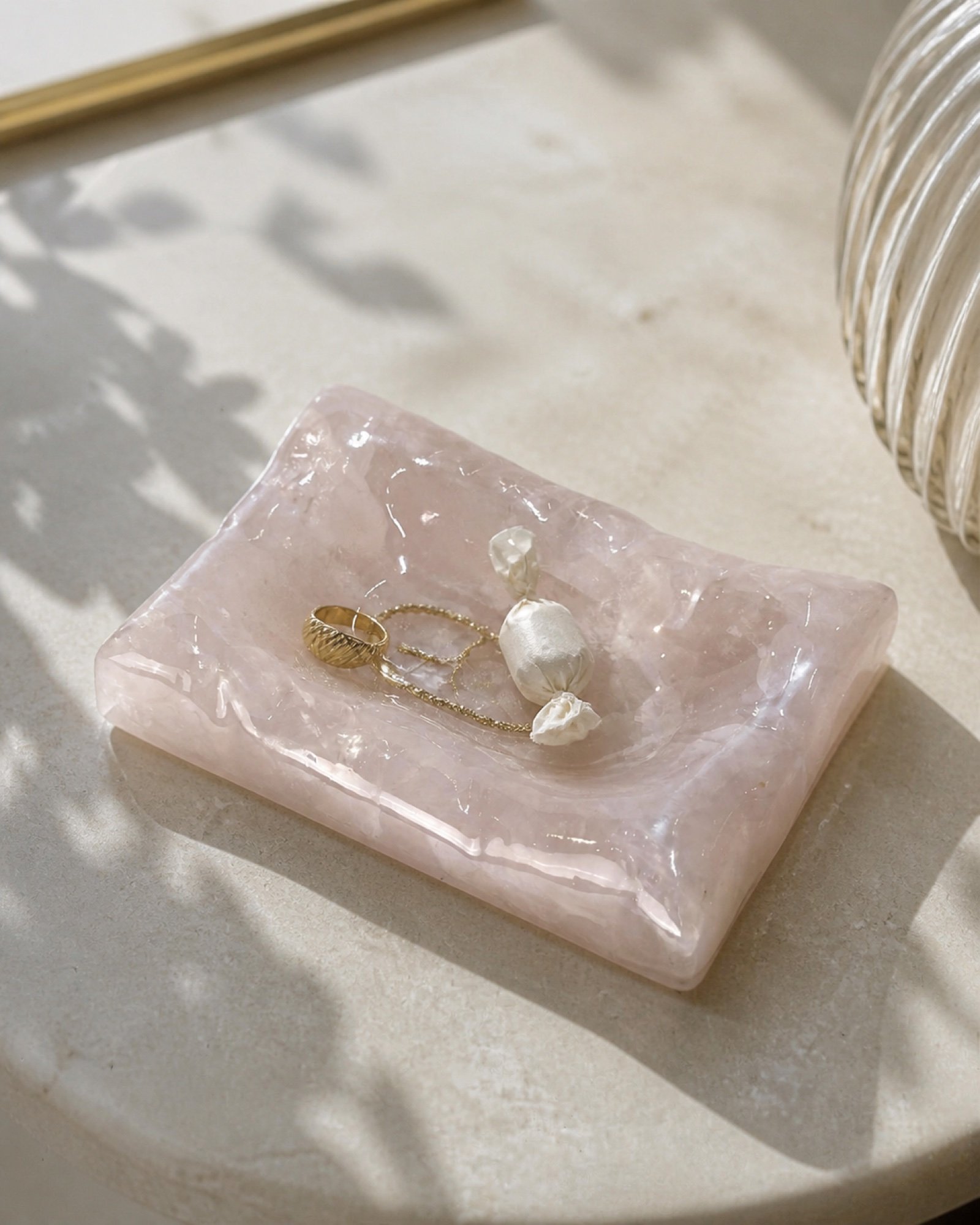 Pink Rectangular Dish in a styled natural stone interior