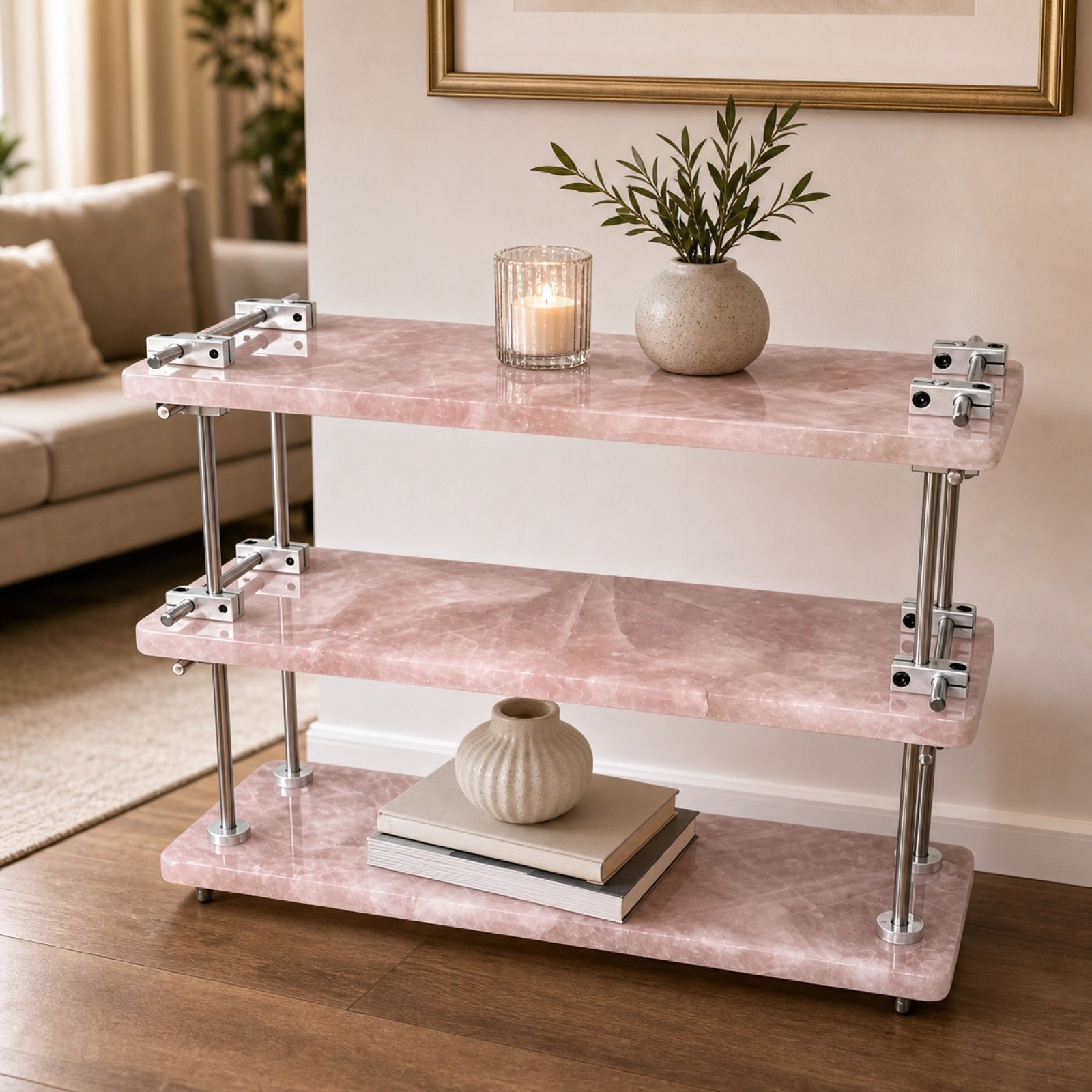Pink Two Tier Shelf in a styled natural stone interior