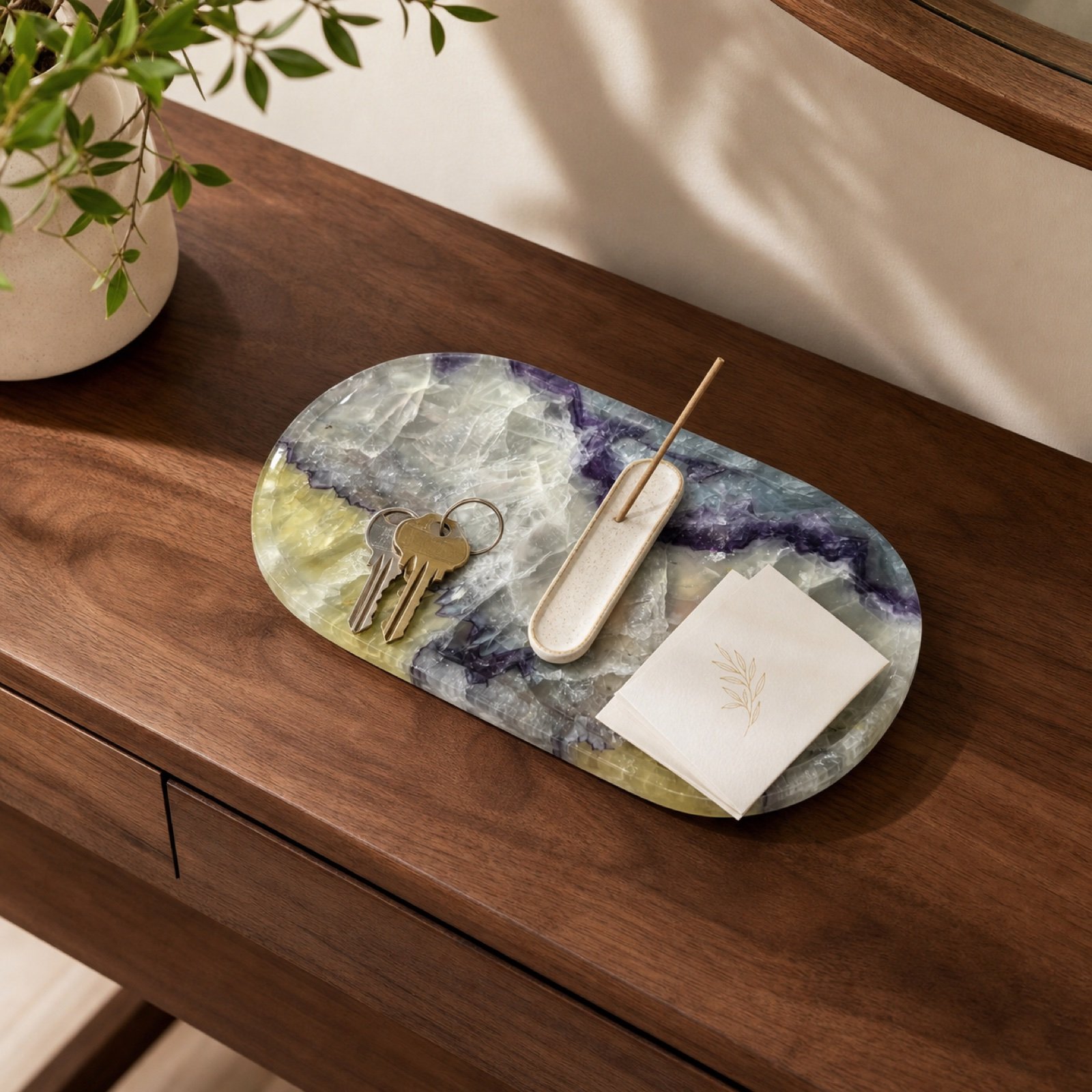Purple Yellow Oval Plaque in a styled natural stone interior