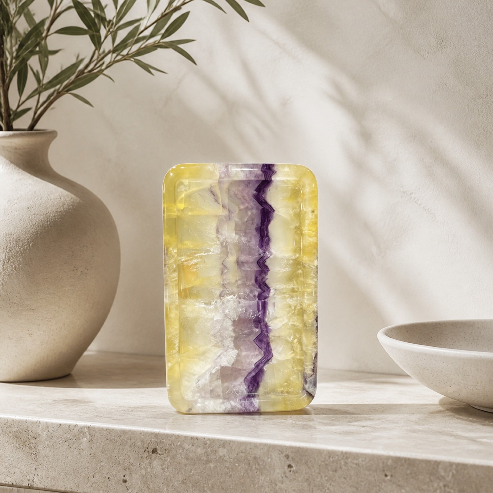 Purple Yellow Rectangular Plaque in a styled natural stone interior
