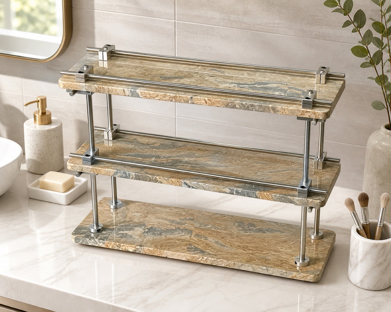 Tan Three Tier Shelf in a styled natural stone interior