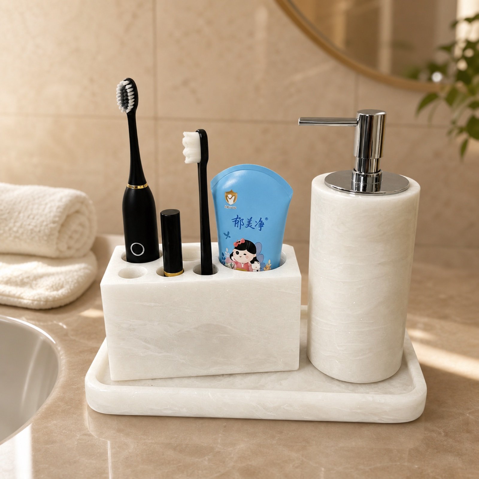White Bathroom Accessory Set in a styled natural stone interior