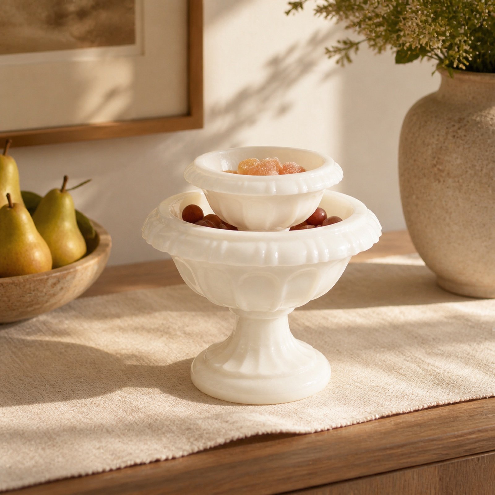White Stone Vase Bowl in a styled natural stone interior