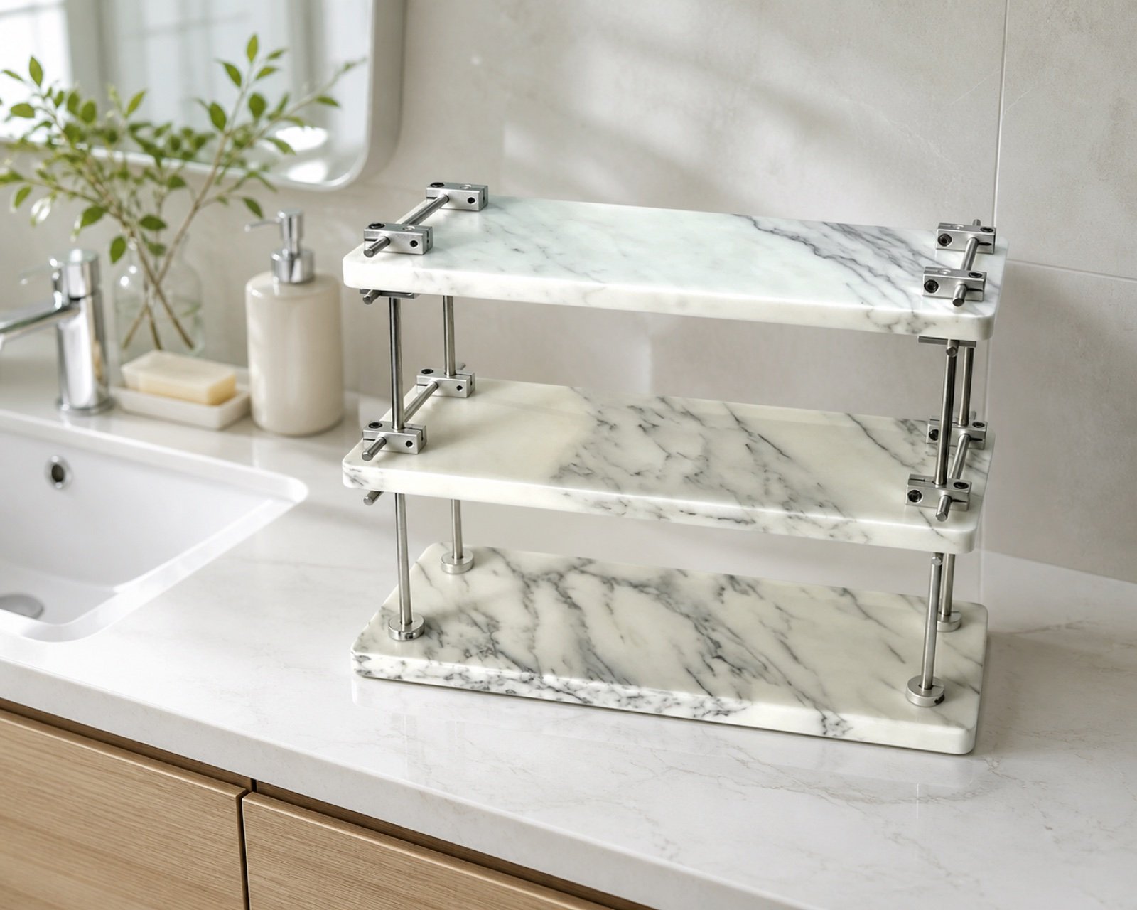 White Three Tier Shelf in a styled natural stone interior