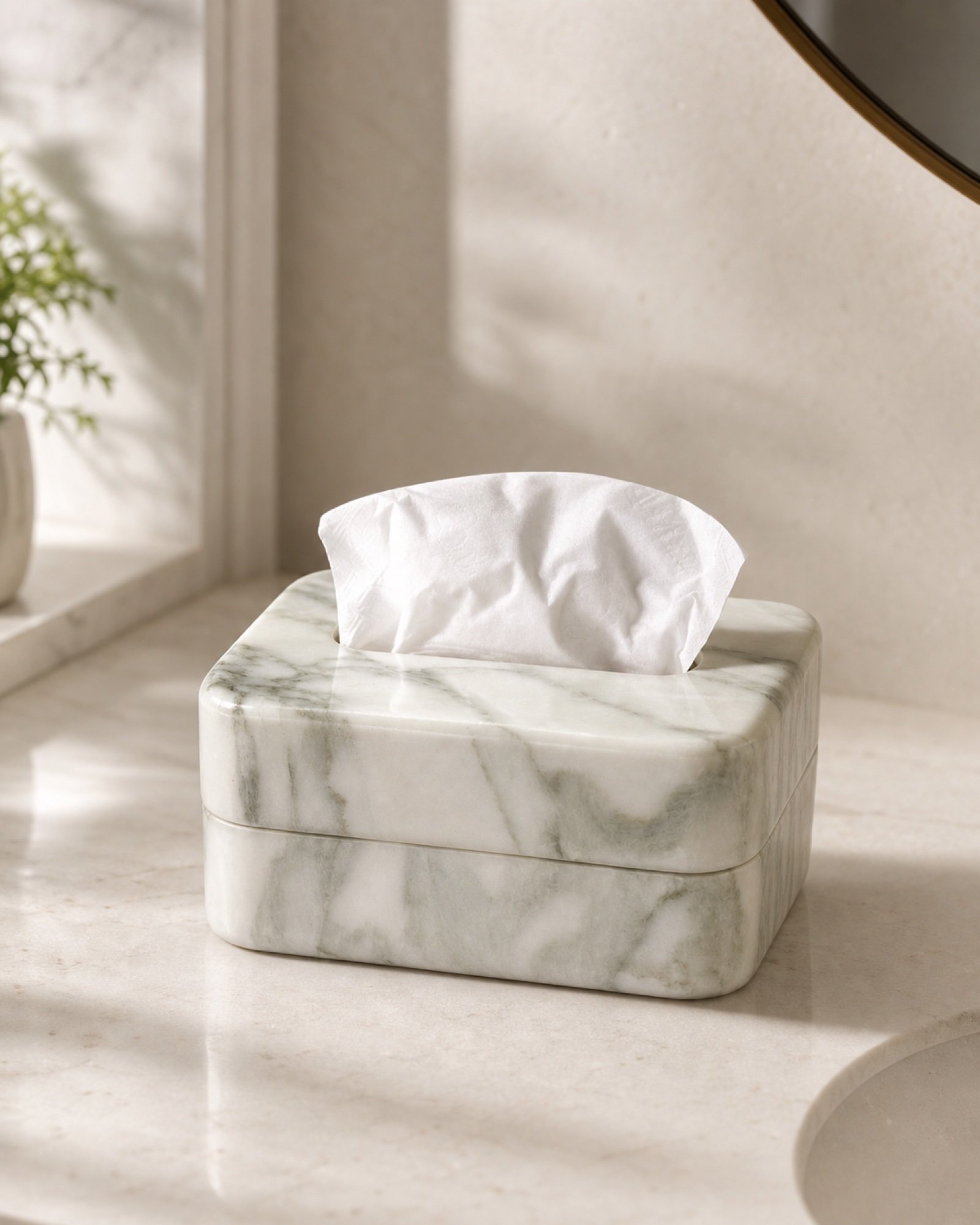 White Tissue Box in a styled natural stone interior