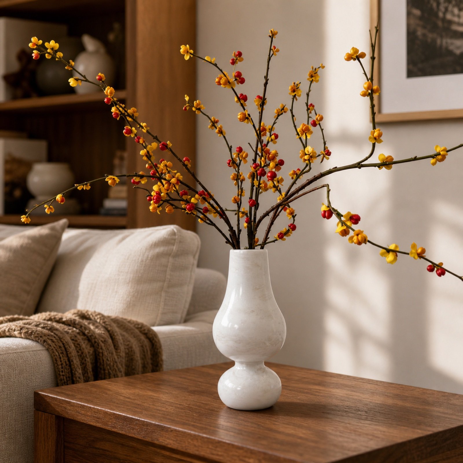 White Vase Branches in a styled natural stone interior