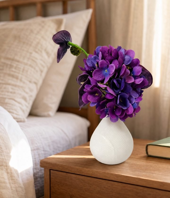 White Vase Purple Flowers product view 2