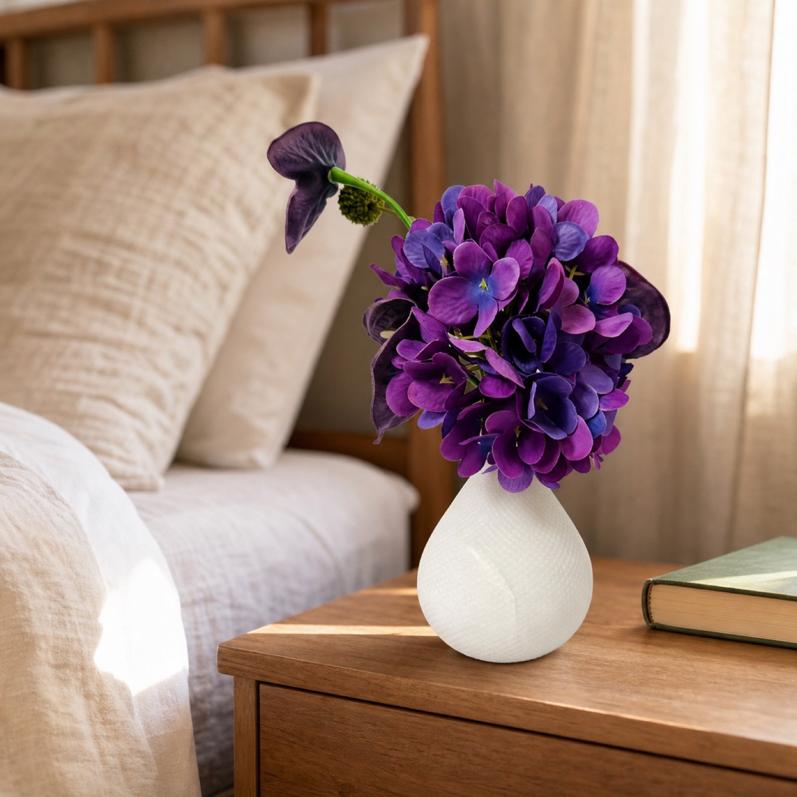 White Vase Purple Flowers in a styled natural stone interior