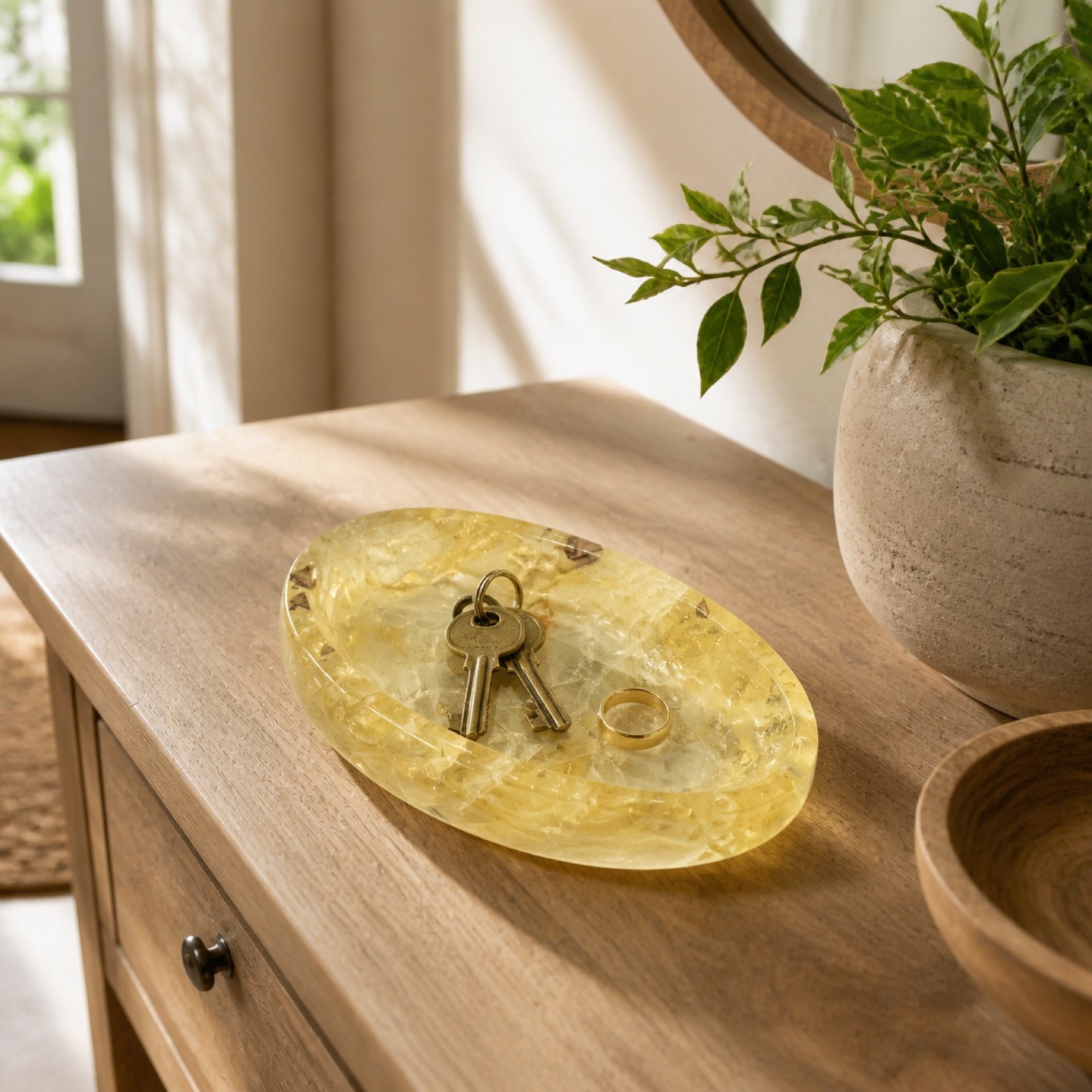 Yellow Oval Disc in a styled natural stone interior
