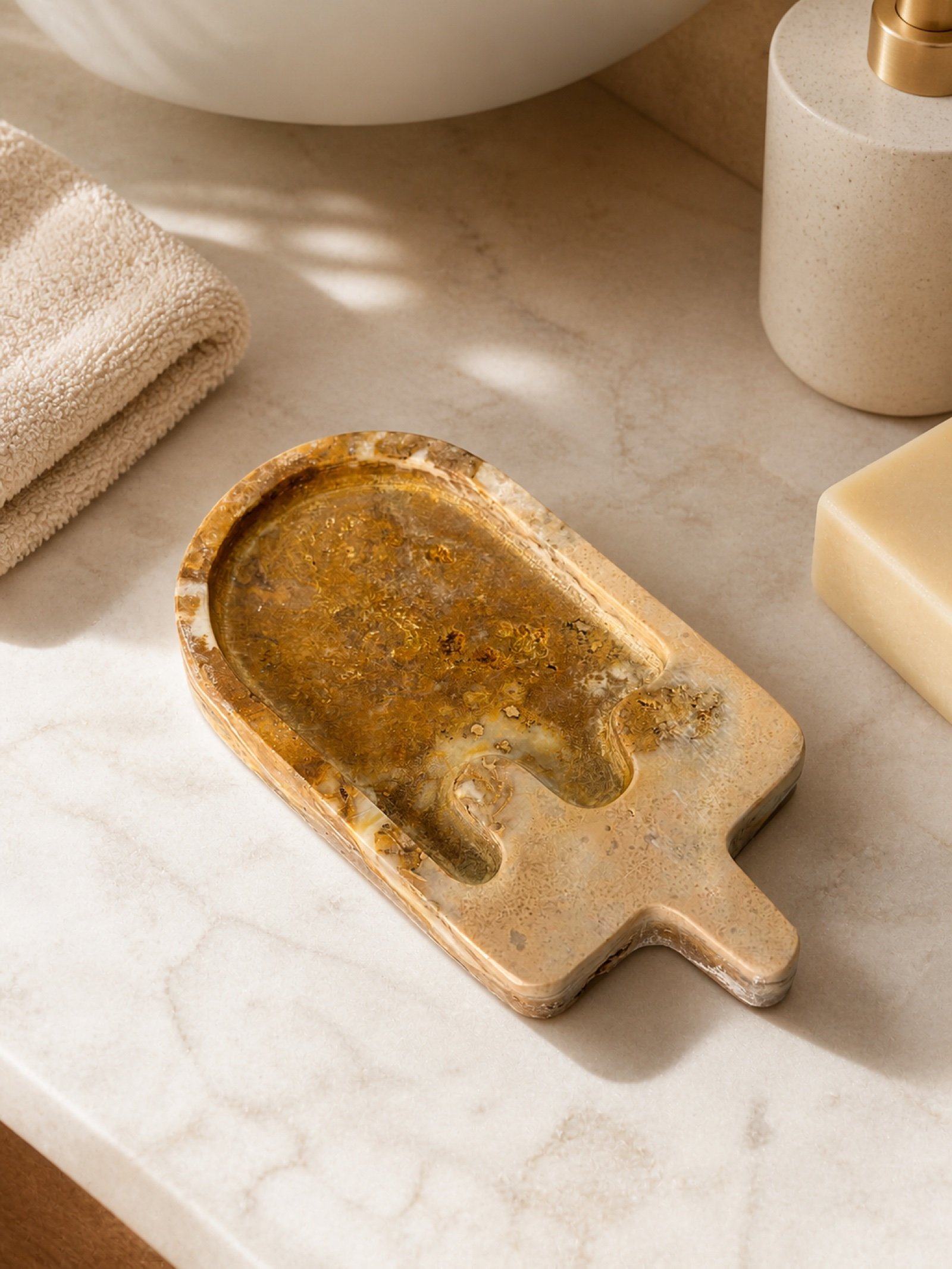 Yellow Paddle Tray in a styled natural stone interior