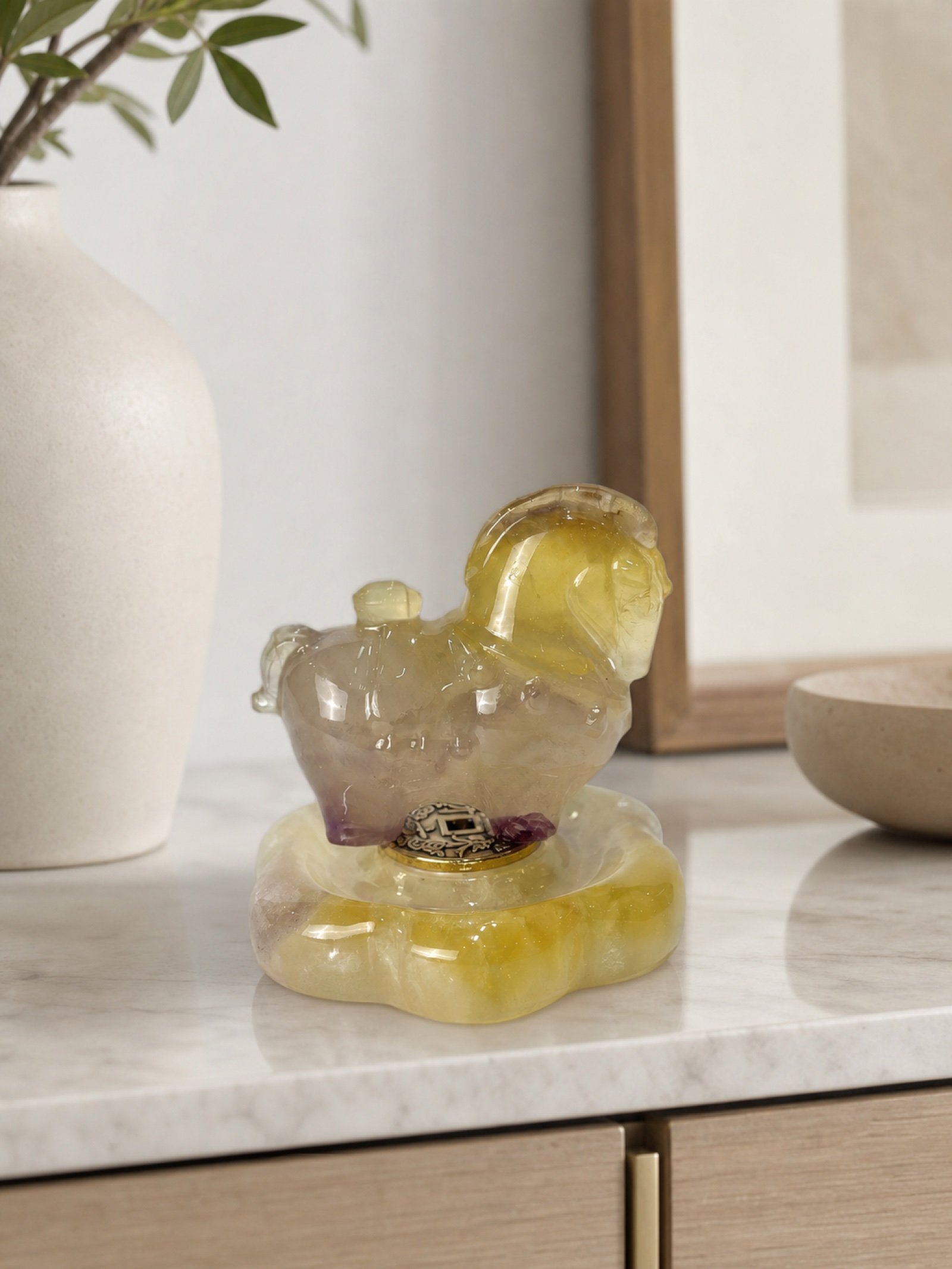 Yellow Purple Duck Object in a styled natural stone interior